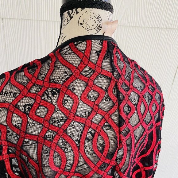 Boho Red & Black Sheer Knit Tunic Shawl Cover Sleeved - Womens Size Small (J6) - Picture 5 of 10